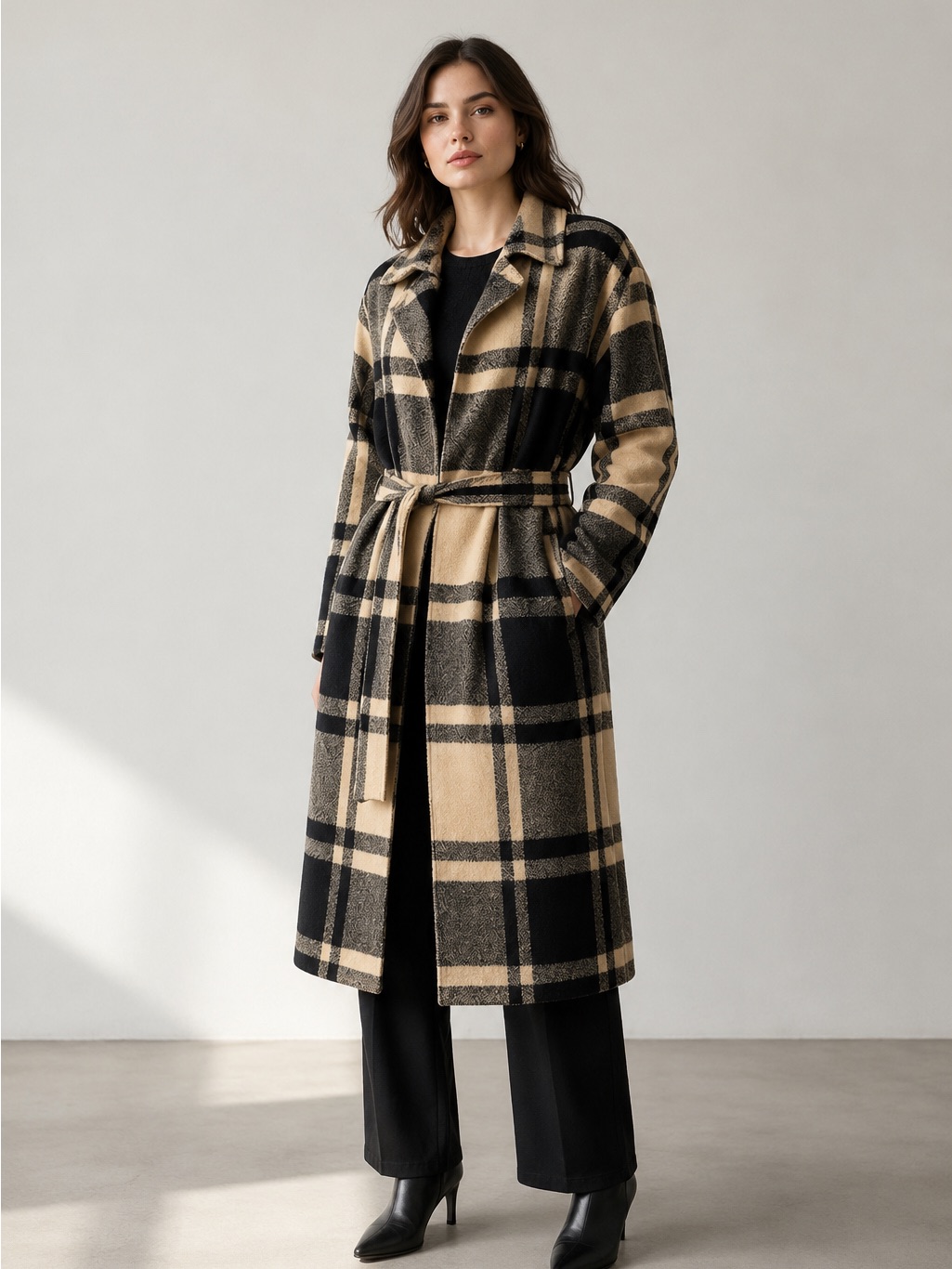 Liz Claiborne Minimalist Plaid Wrap Coat - Neutral Capsule Wardrobe Trench